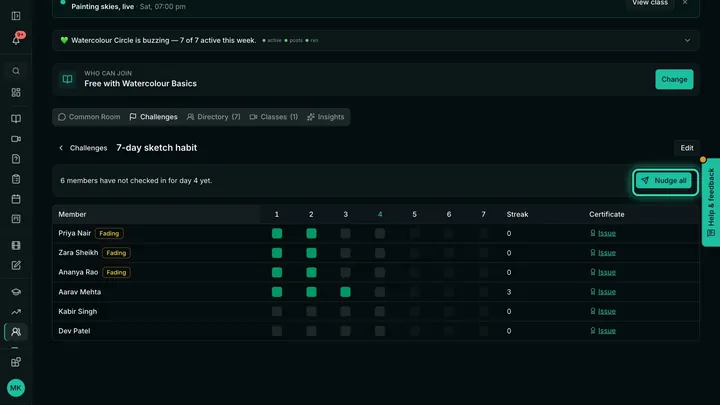 The teacher's challenge grid: who checked in on each day, their streaks, and Nudge all